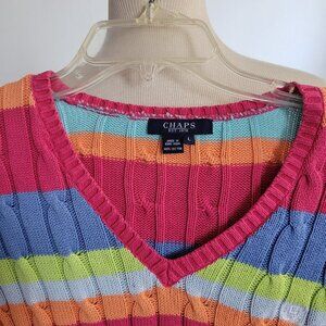 Chaps Cable Knit Striped Pastel Rainbow Cotton Sweater (Size: Large)